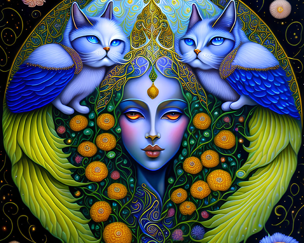 Colorful artwork: Blue-skinned woman, winged cats, intricate patterns, and floral elements on