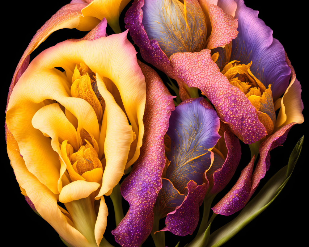 Detailed Purple and Yellow Bi-Color Iris Flower on Black Background