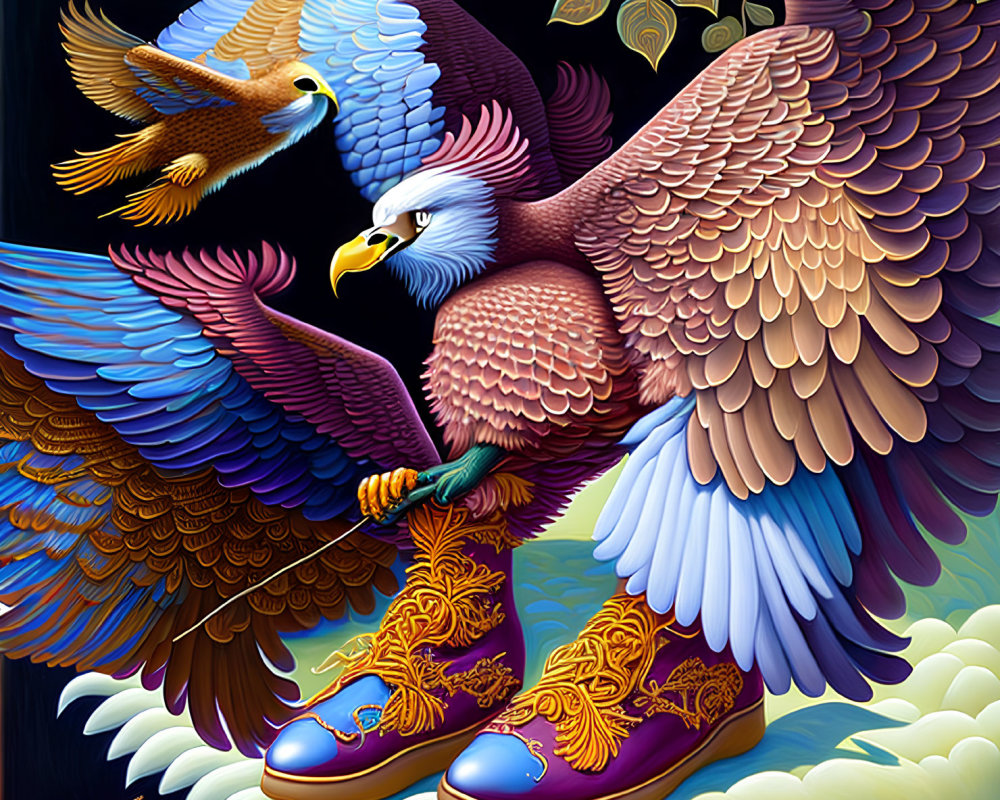 Colorful Eagle Illustration with Ornate Shoes in Flight