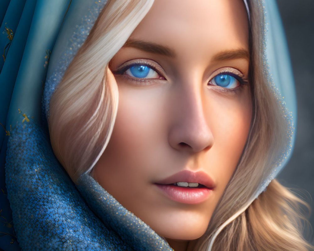 Digital portrait of woman with blue eyes in embroidered blue hood among flowers