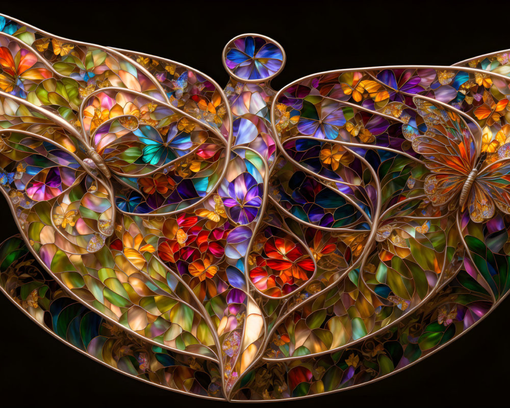 Colorful stained glass artwork with butterfly and floral motifs on dark background