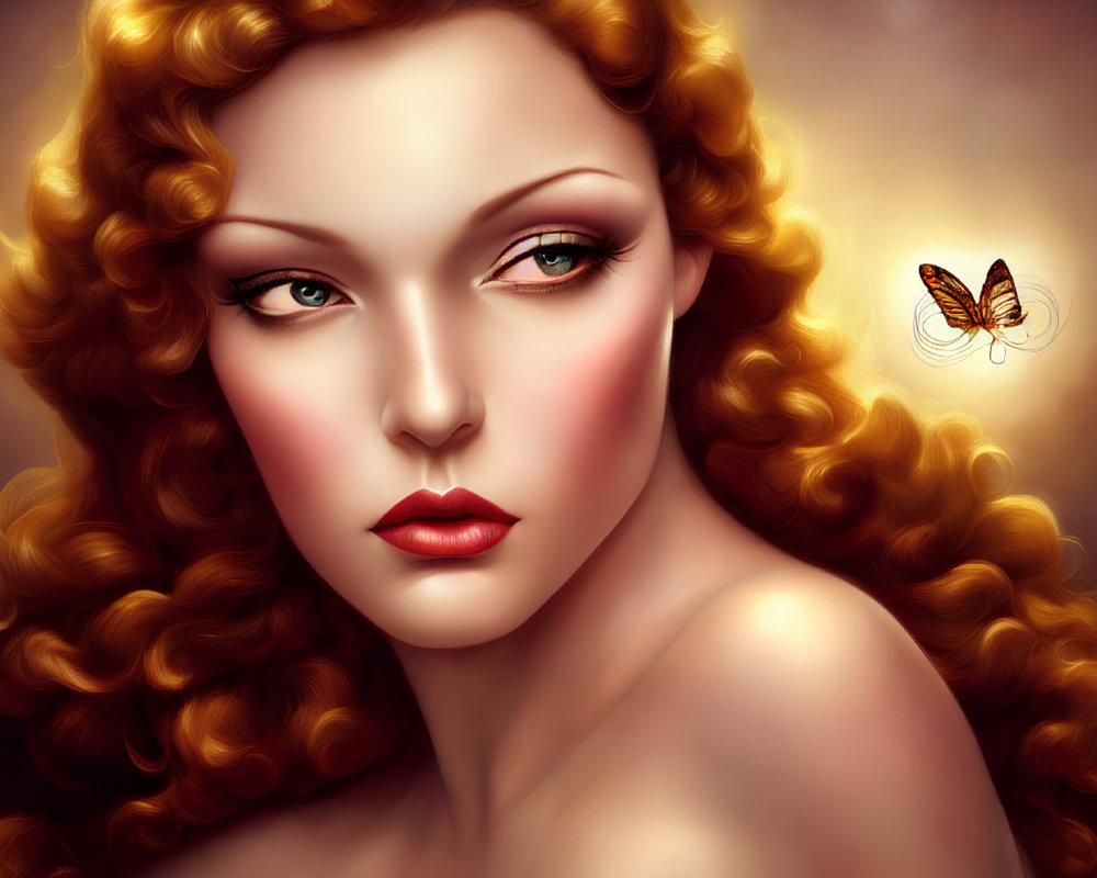 Digital portrait of woman with curly red hair, fair skin, green eyes, red lipstick, and butterfly