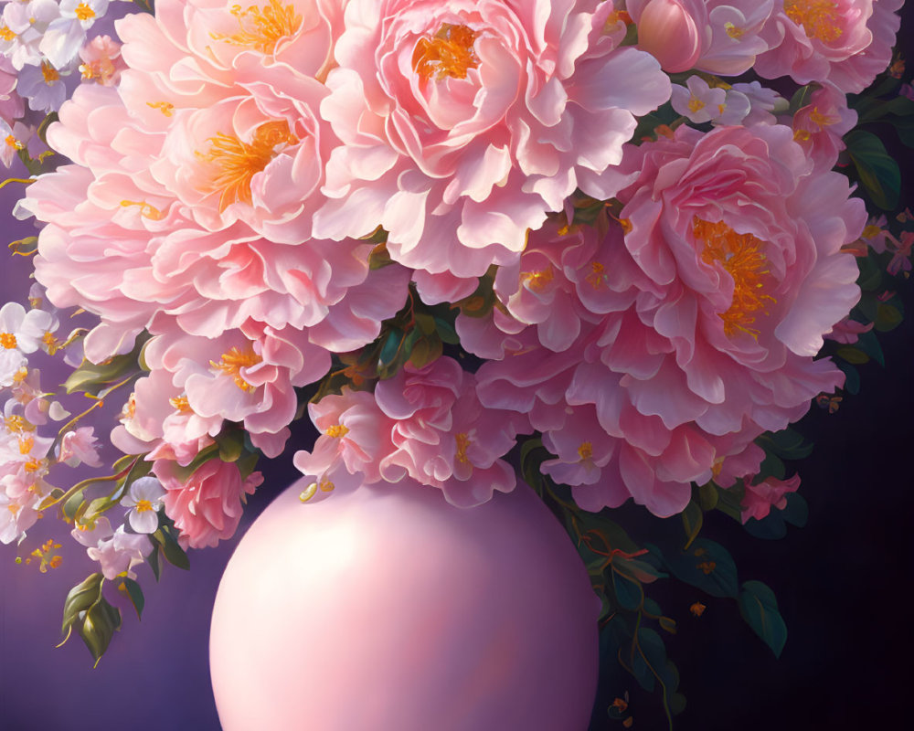 Colorful painting of pink peonies and white flowers in pink vase on purple background