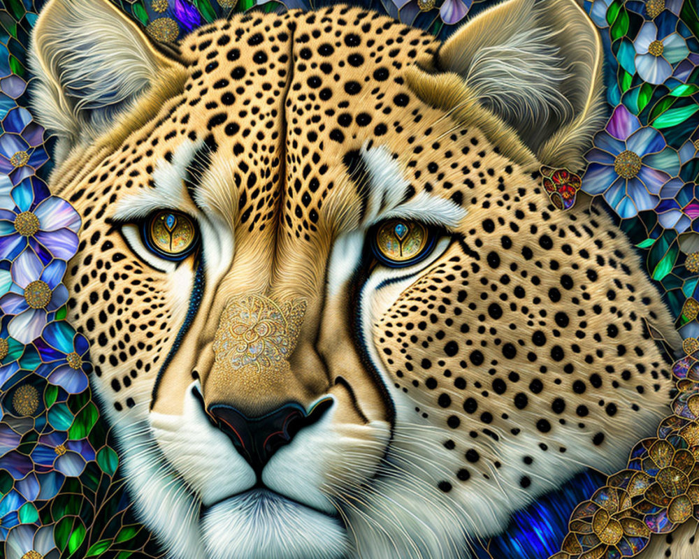 Detailed cheetah face illustration with colorful floral mosaic.