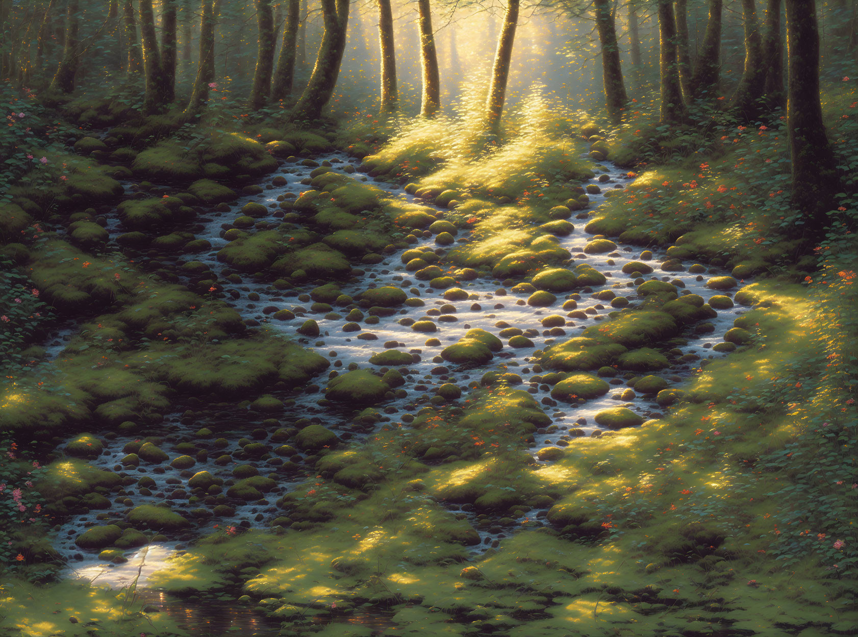 Sunbeams in mystical forest with rocky creek bed and vibrant greenery