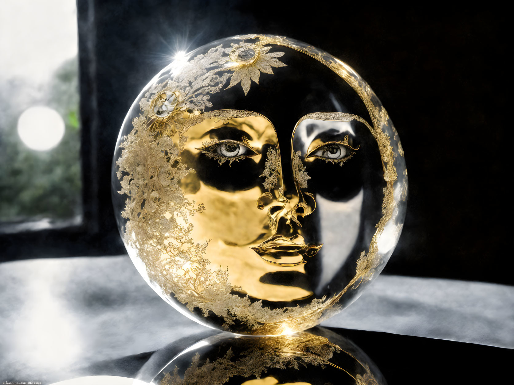 Intricate golden mask with hazy backlight for a mysterious vibe