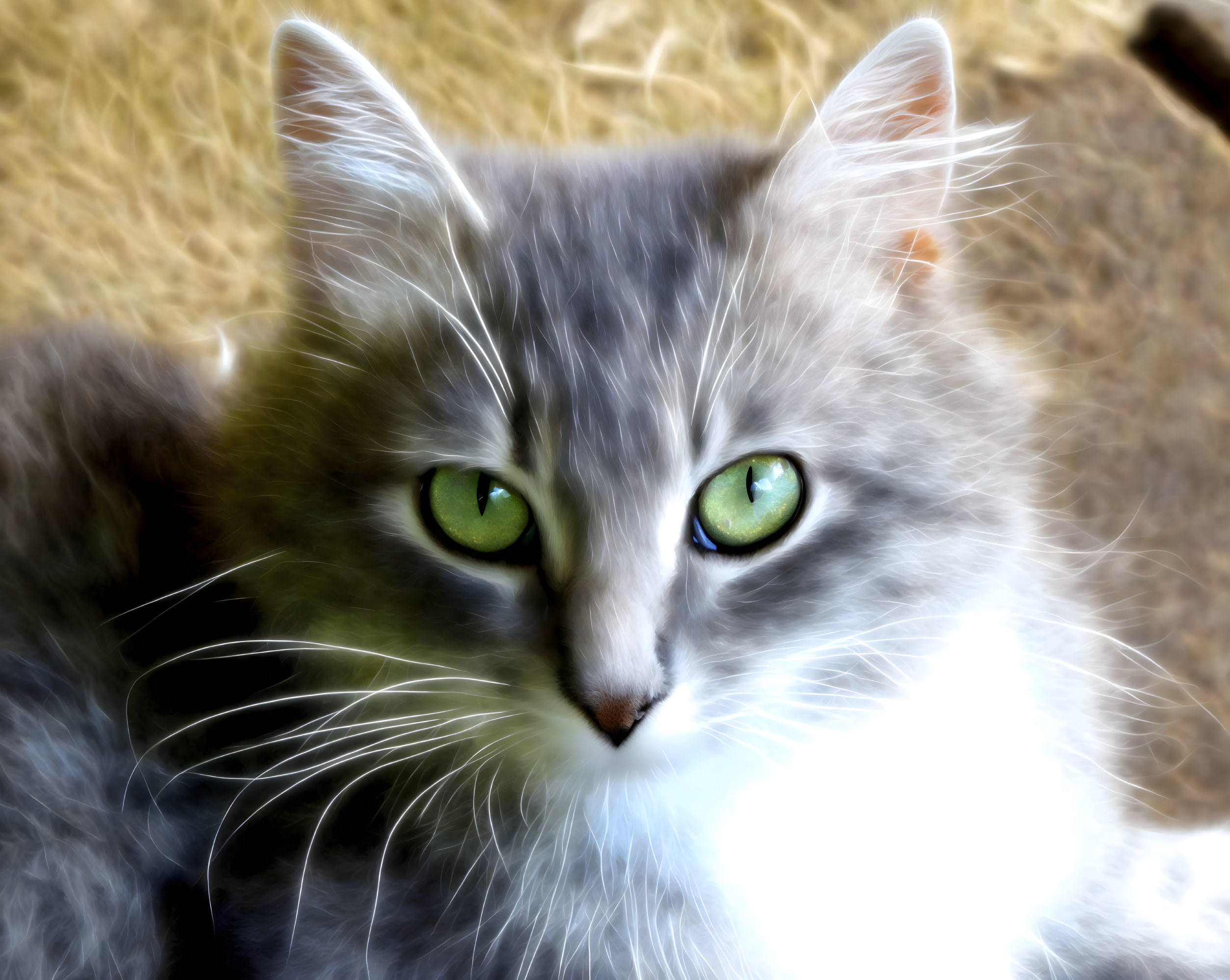 Fluffy Gray and White Cat with Green Eyes in Soft-focus Portrait