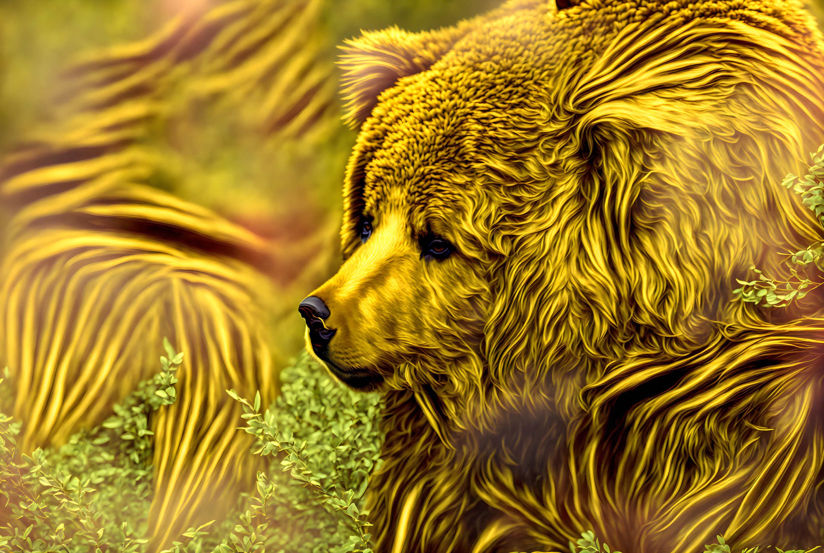 Golden-coated bear in painterly style against green foliage.