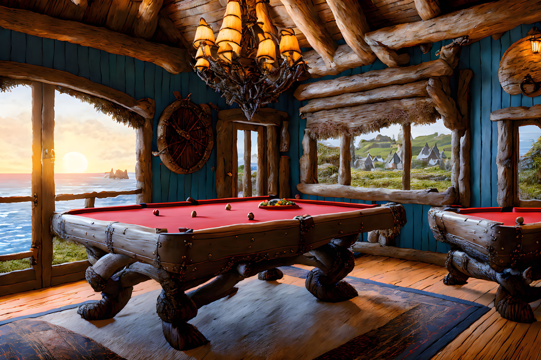 Rustic wooden cabin interior with pool table, sea view, ship, and hills at sunset