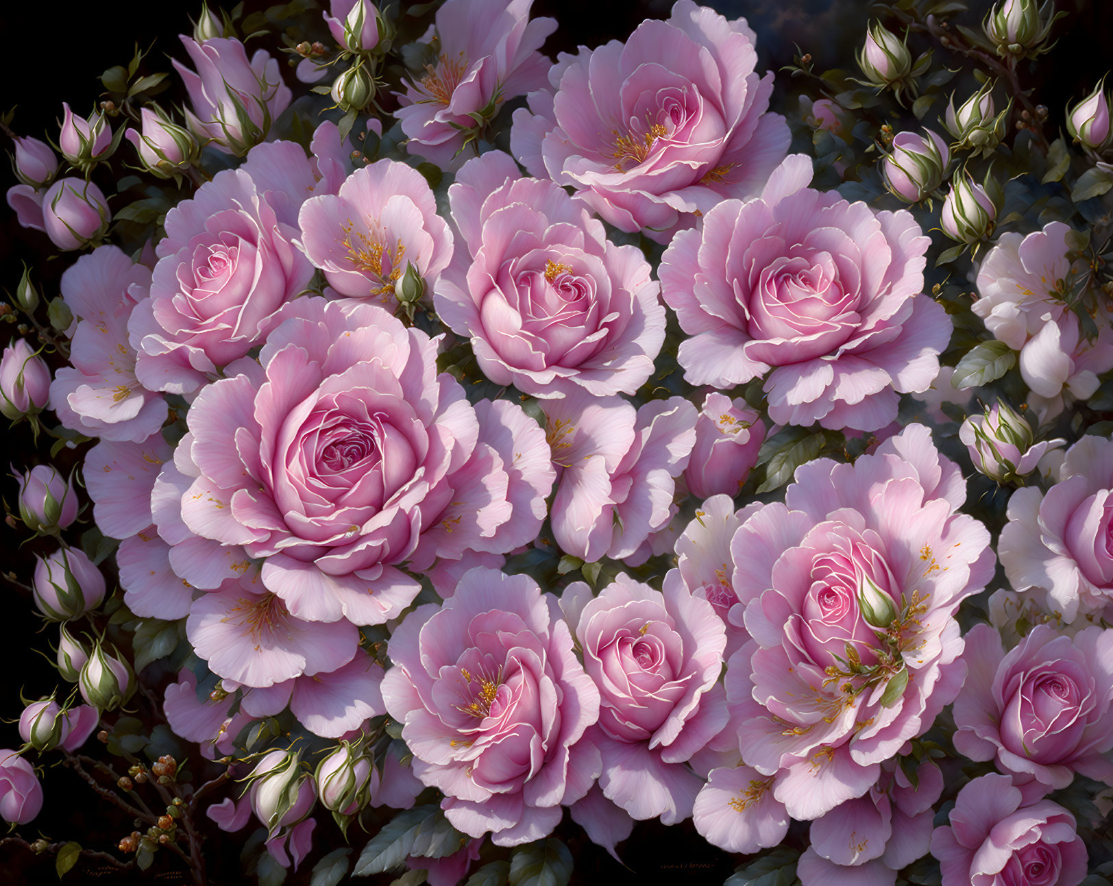 Pink Roses Bouquet in Various Bloom Stages on Dark Background