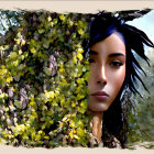 Digital artwork: Woman's face merges with green foliage and yellow flowers in watercolor style