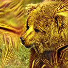 Golden-coated bear in painterly style against green foliage.