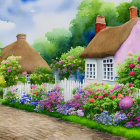 Thatched Roof Cottage Surrounded by Colorful Garden