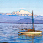 Sailboat on calm blue waters with snow-capped mountains and clear sky