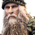 Bearded person in forest-themed attire with leaf textures and cap