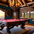 Rustic wooden cabin interior with pool table, sea view, ship, and hills at sunset