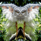 Curly white fur creature with pointed ears and staff in leafy setting