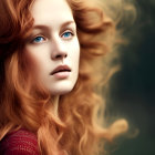 Surreal portrait of woman with red hair and butterfly in aquatic setting