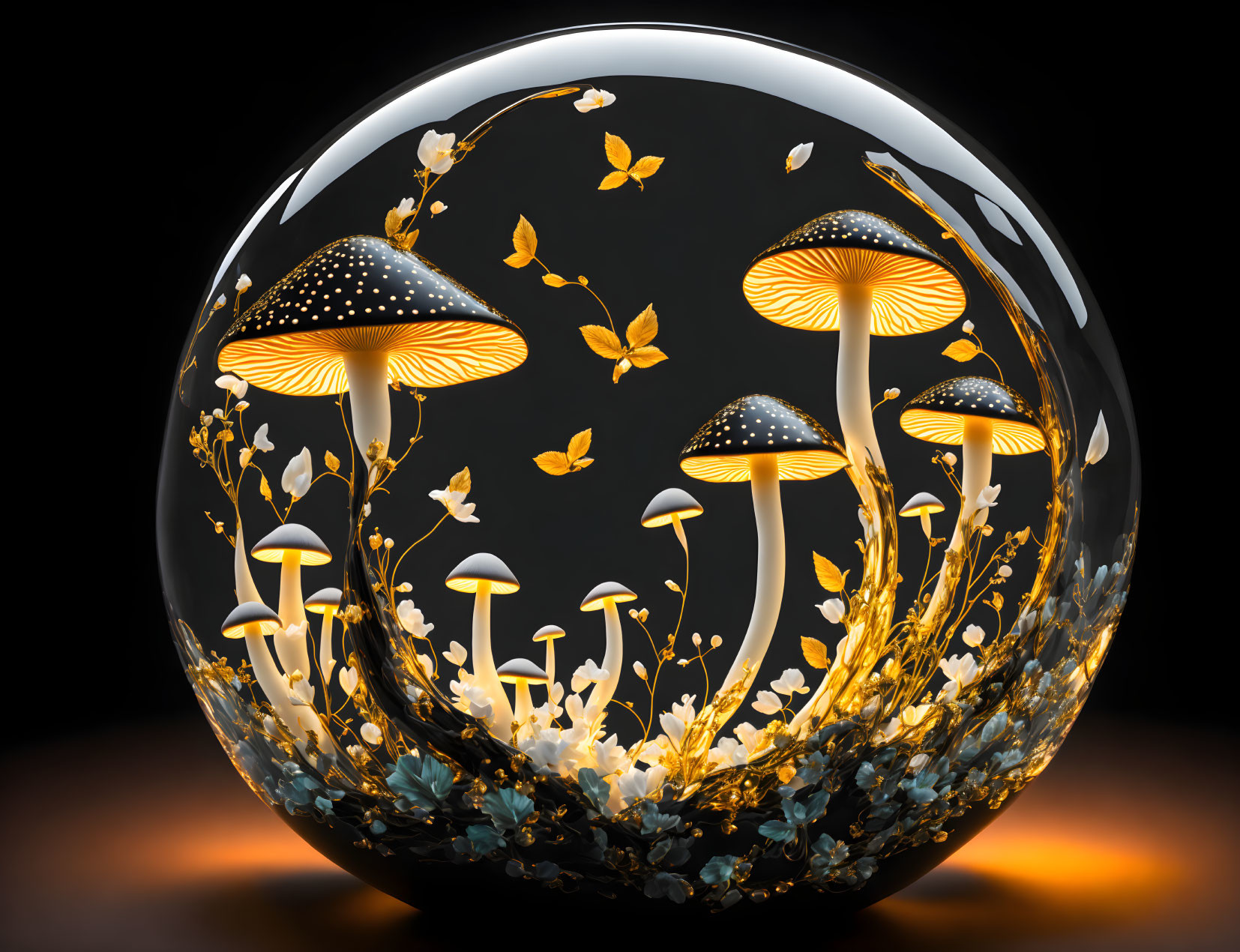 Bioluminescent mushrooms and butterflies in transparent sphere