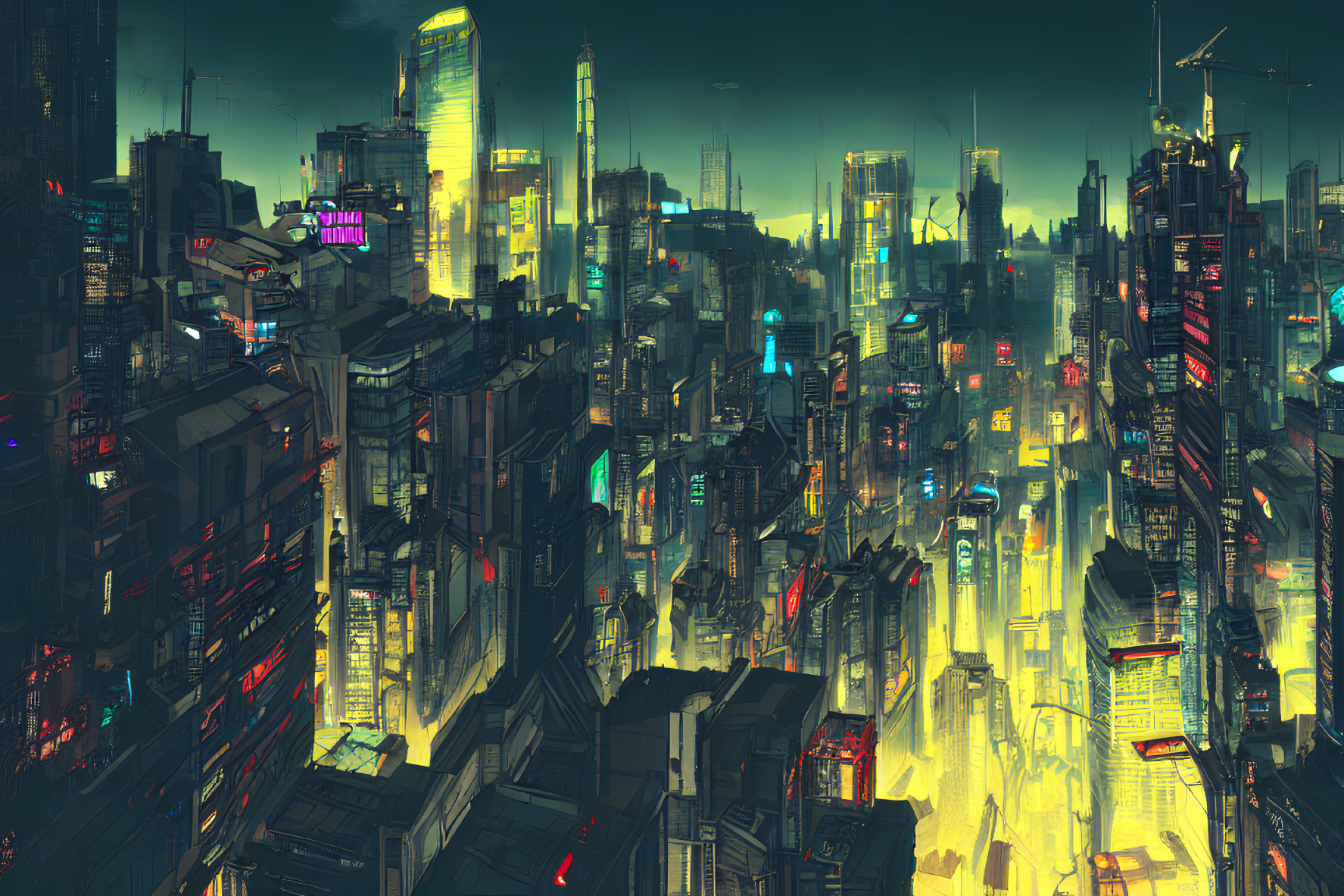 Futuristic neon-lit cityscape with skyscrapers and billboards