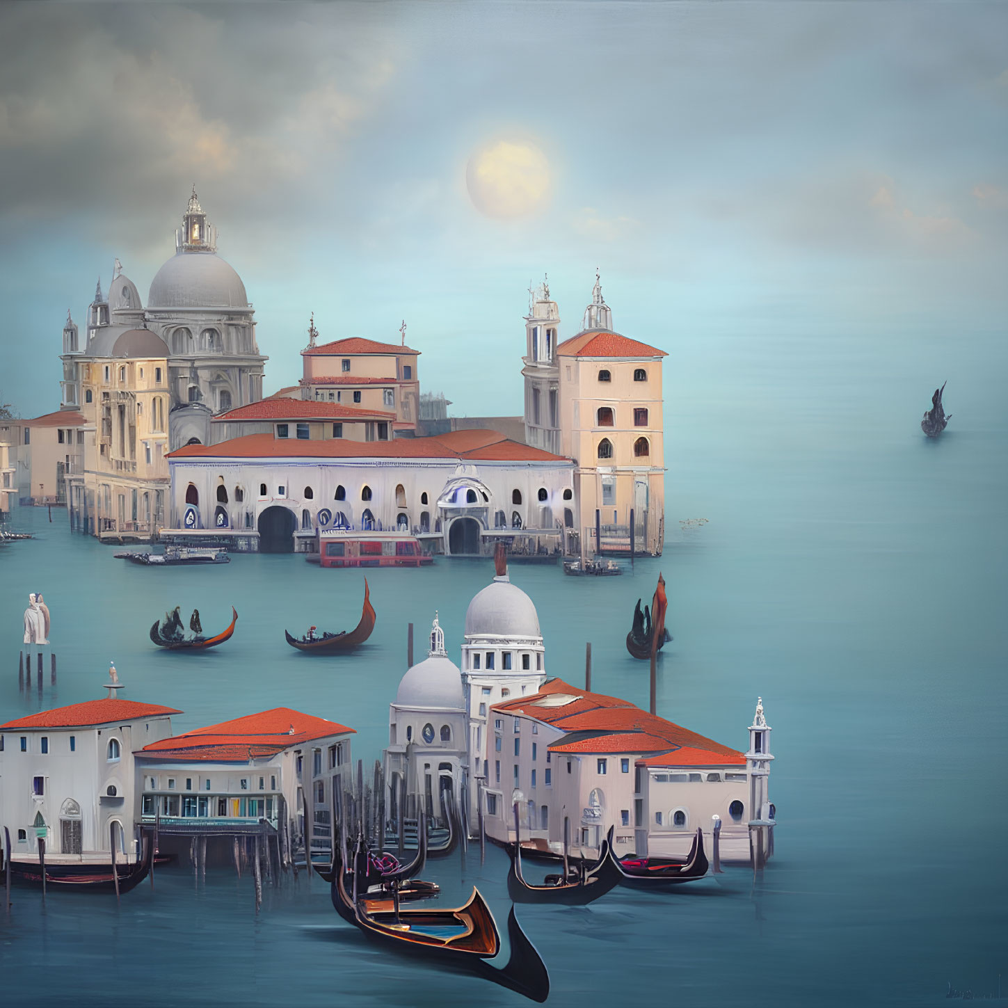 Exaggerated Proportions and Pastel Colors Depicting Venice's Surreal Scene