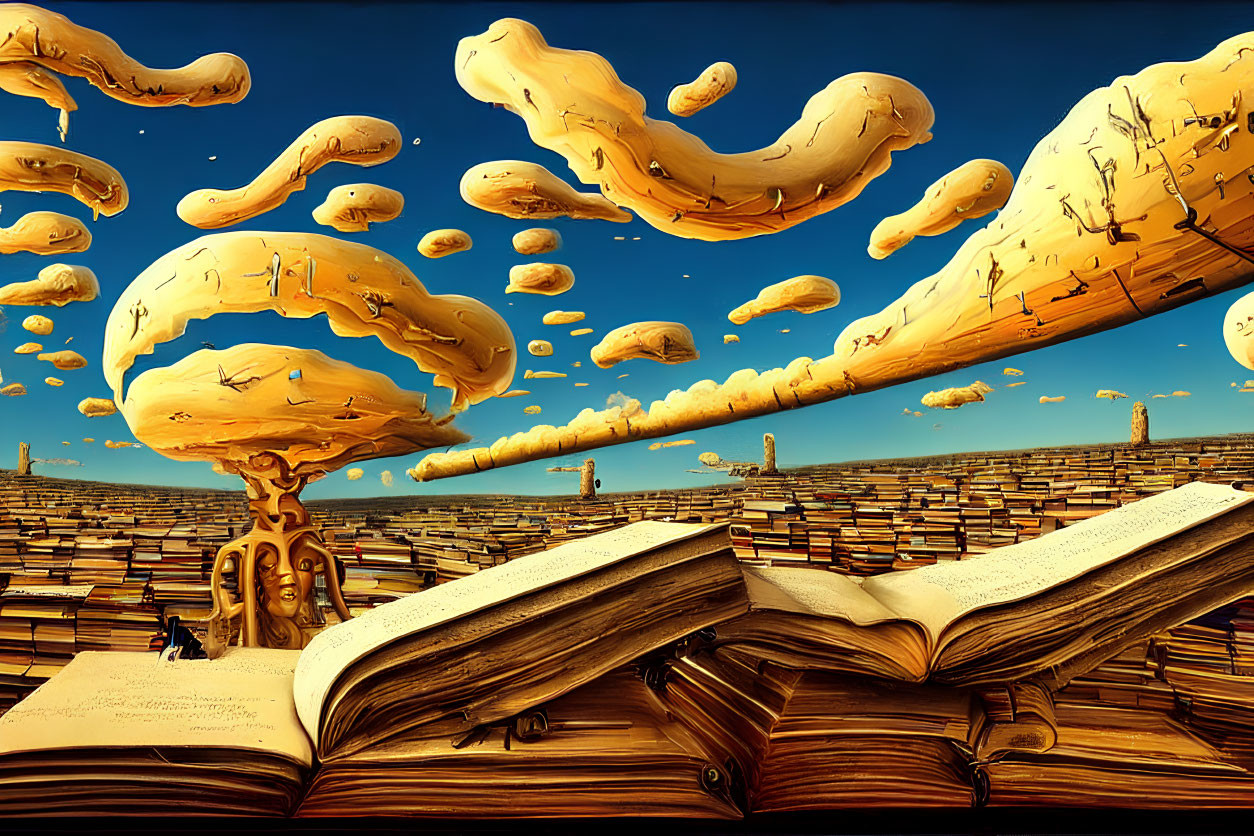 Surreal artwork: Open books reveal landscapes under a blue sky with baguette-shaped clouds