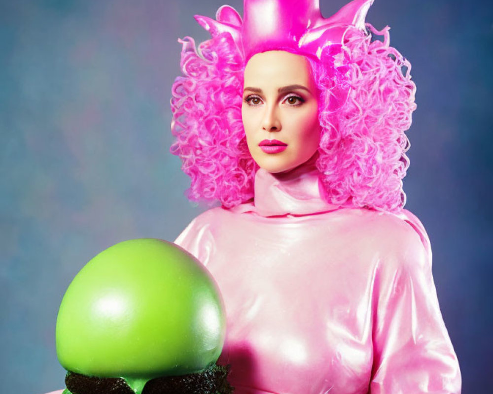 Pink-haired person with crown holding green sphere on plate in shiny outfit