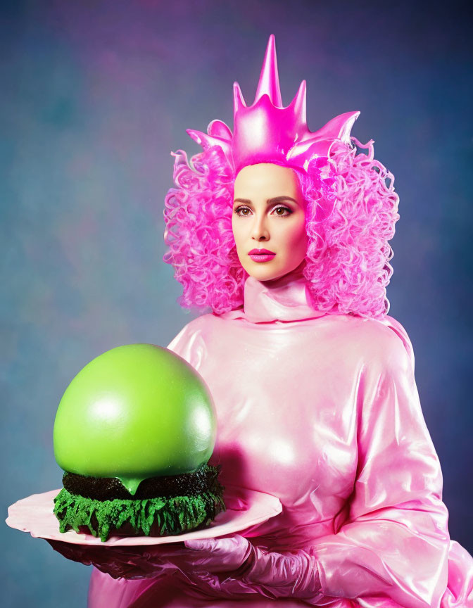 Pink-haired person with crown holding green sphere on plate in shiny outfit