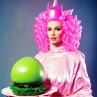 Pink-haired person with crown holding green sphere on plate in shiny outfit