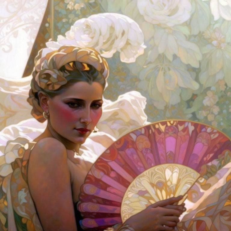 Woman with ornate fan and styled hair in front of light-colored flowers under warm sunlight