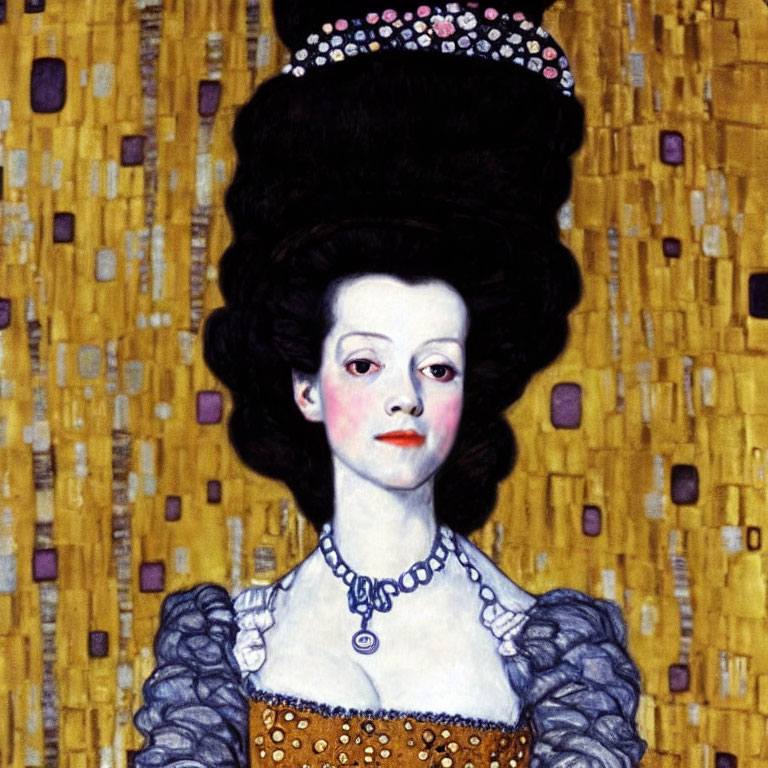 Portrait of woman with tall black hairdo and pink flowers, white blouse with golden details, on yellow