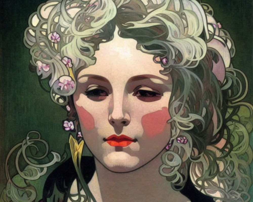 Portrait of a woman with flowing hair and floral motifs in Art Nouveau style