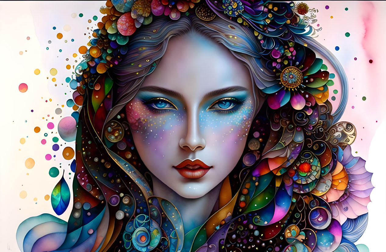 Vibrant artistic illustration of a woman with blue eyes and cosmic floral patterns