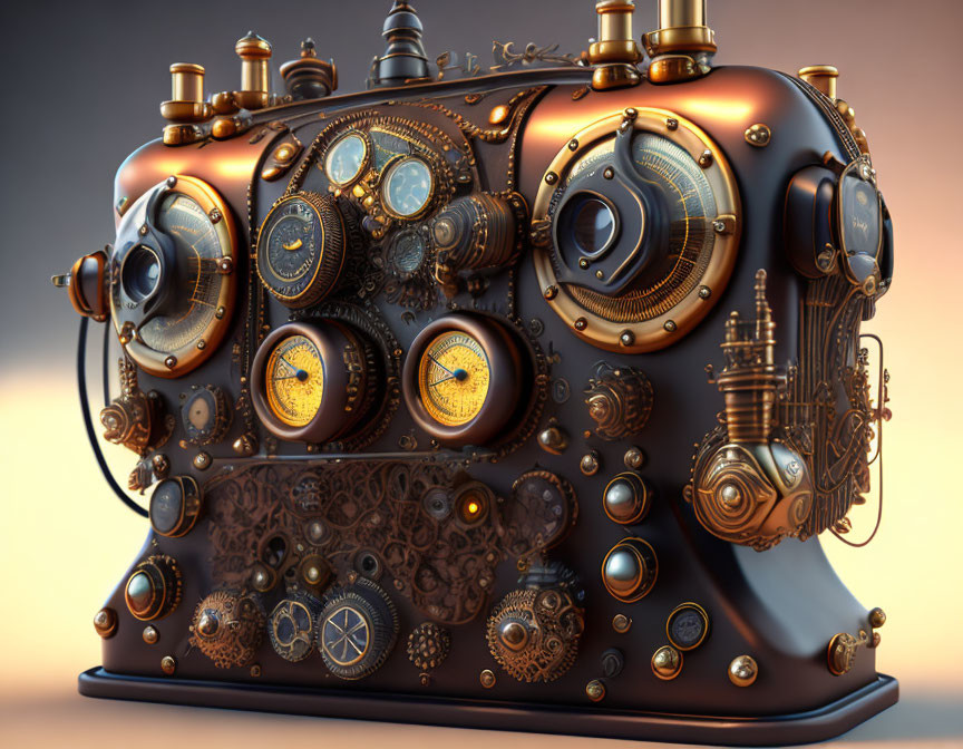 Steampunk-style machine with cogs, gauges, and pipes on warm-toned background