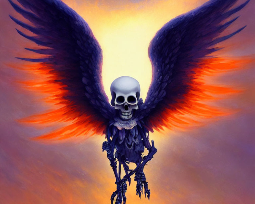 Skeletal figure with black wings under yellow moon in sunset sky