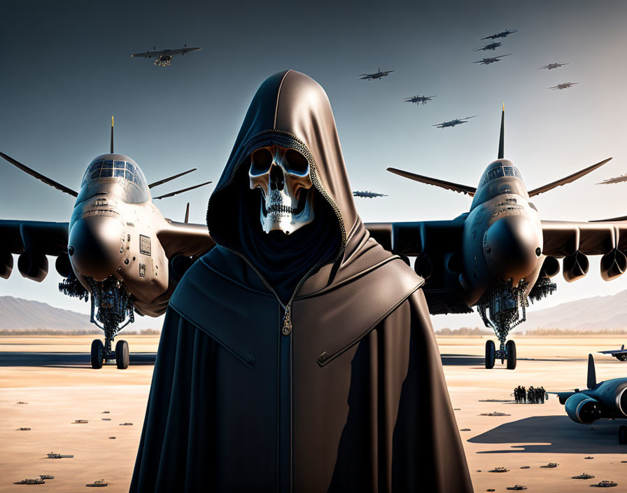 Hooded figure in skull mask on airstrip with military aircraft and fighter jets