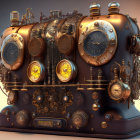 Steampunk-style machine with cogs, gauges, and pipes on warm-toned background