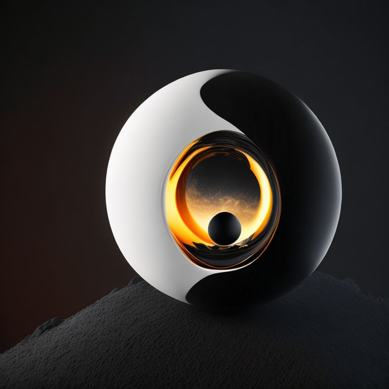 Spherical object with black and white halves and glowing orange center on textured surface against gradient background