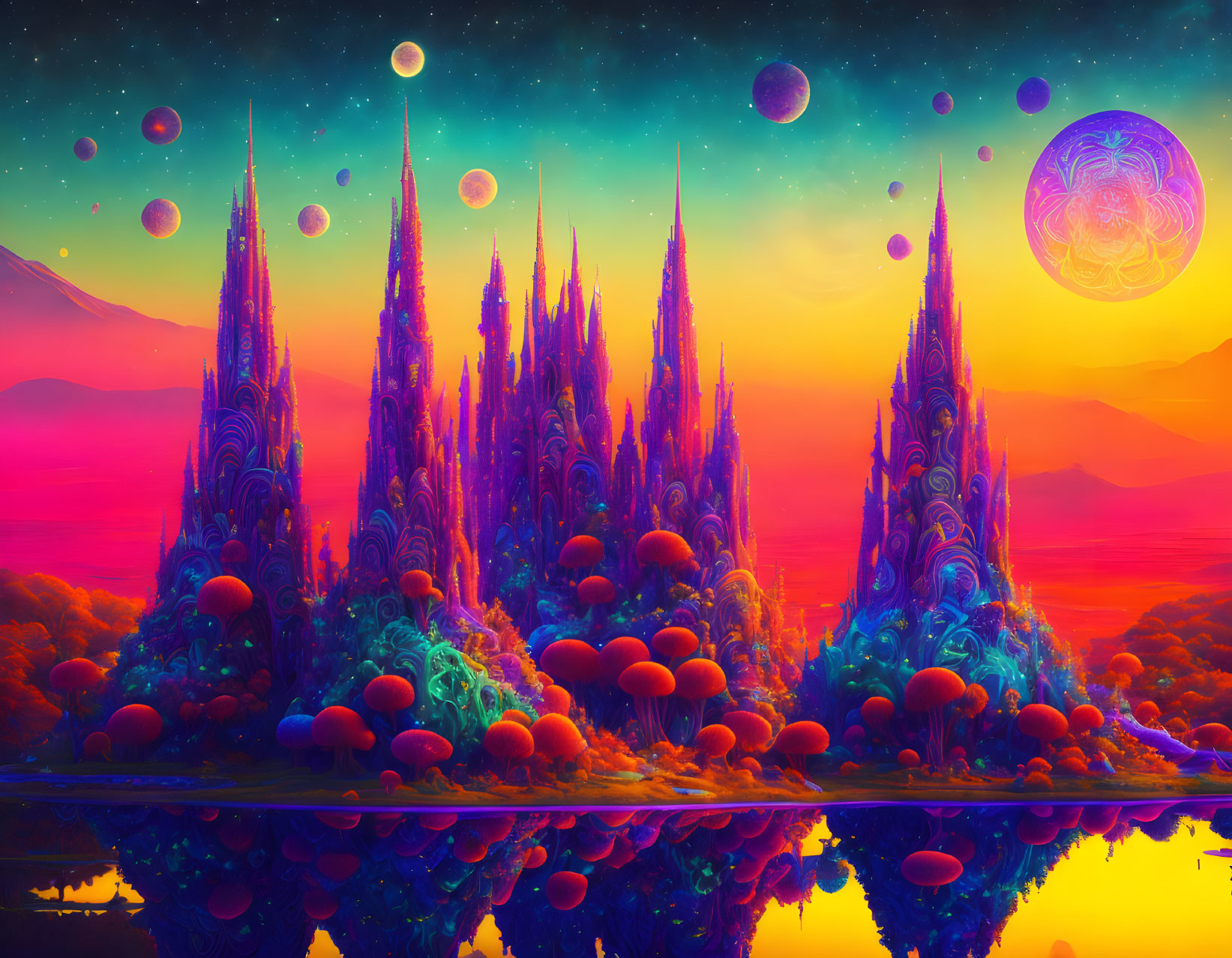 Colorful fantasy landscape with spire-like structures, giant mushrooms, and multiple moons