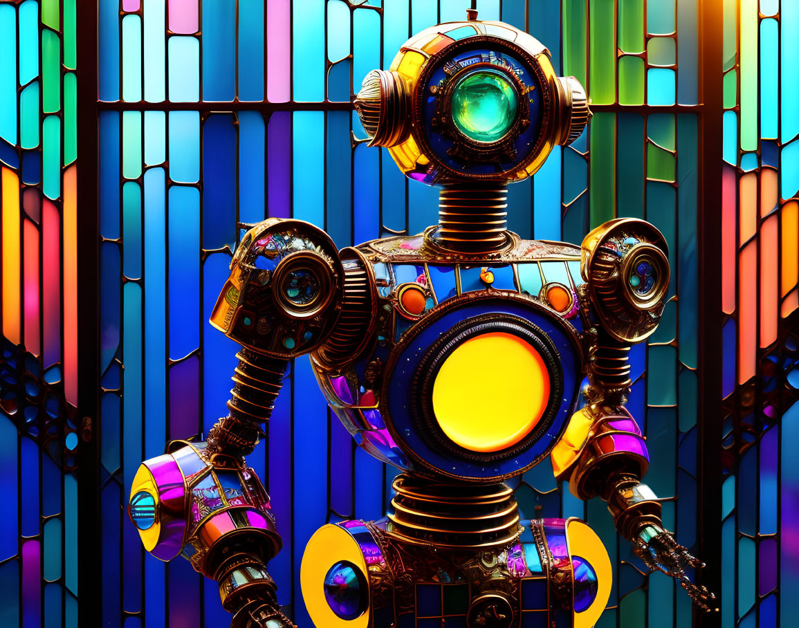 Colorful robot with circular features against vibrant stained glass backdrop