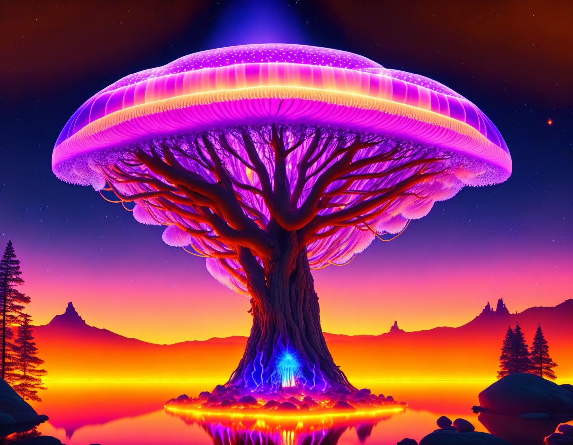 Vibrant digital artwork of neon tree against starry sky and red water