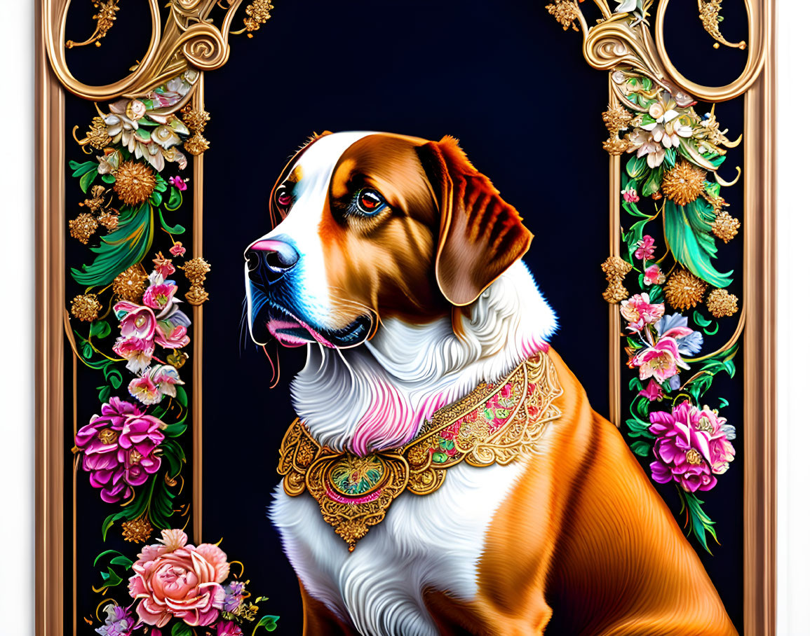 Regal dog portrait with golden adornments on dark floral background