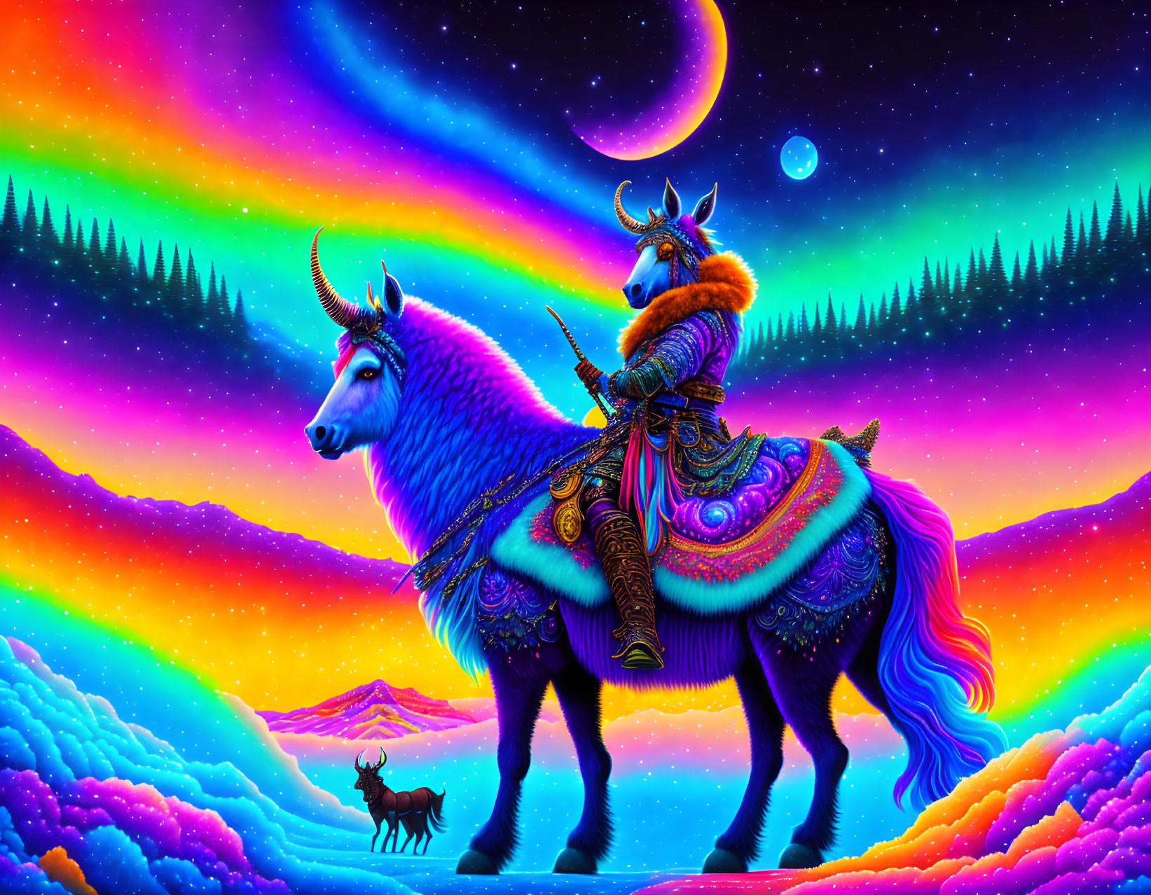 Majestic warrior on unicorn in vibrant fantasy landscape