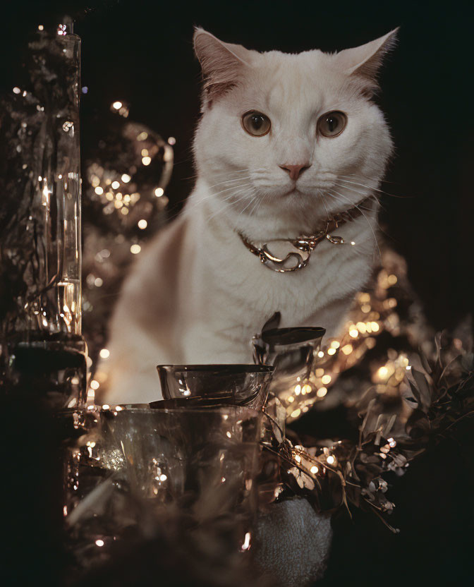 White Cat with Chain Collar Surrounded by Fairy Lights and Glassware