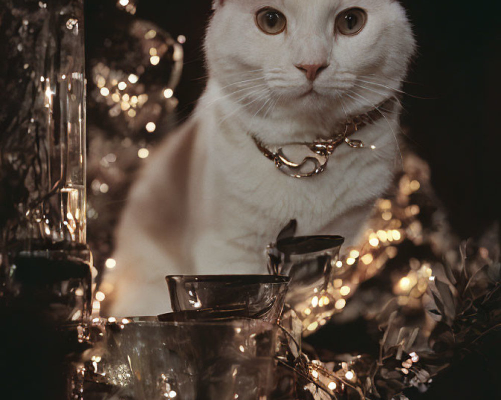 White Cat with Chain Collar Surrounded by Fairy Lights and Glassware