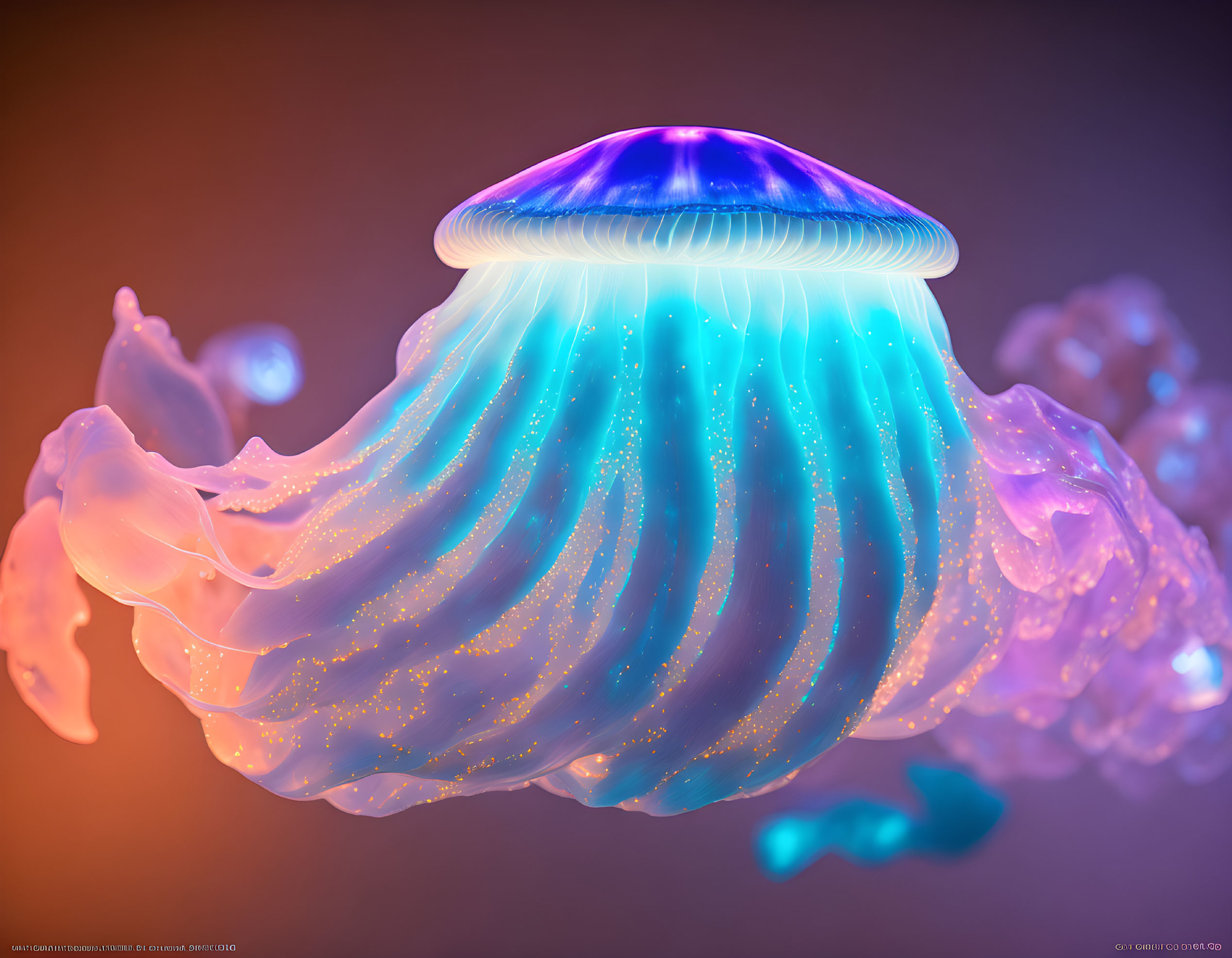 Vibrant blue glow jellyfish with flowing tentacles on warm gradient.