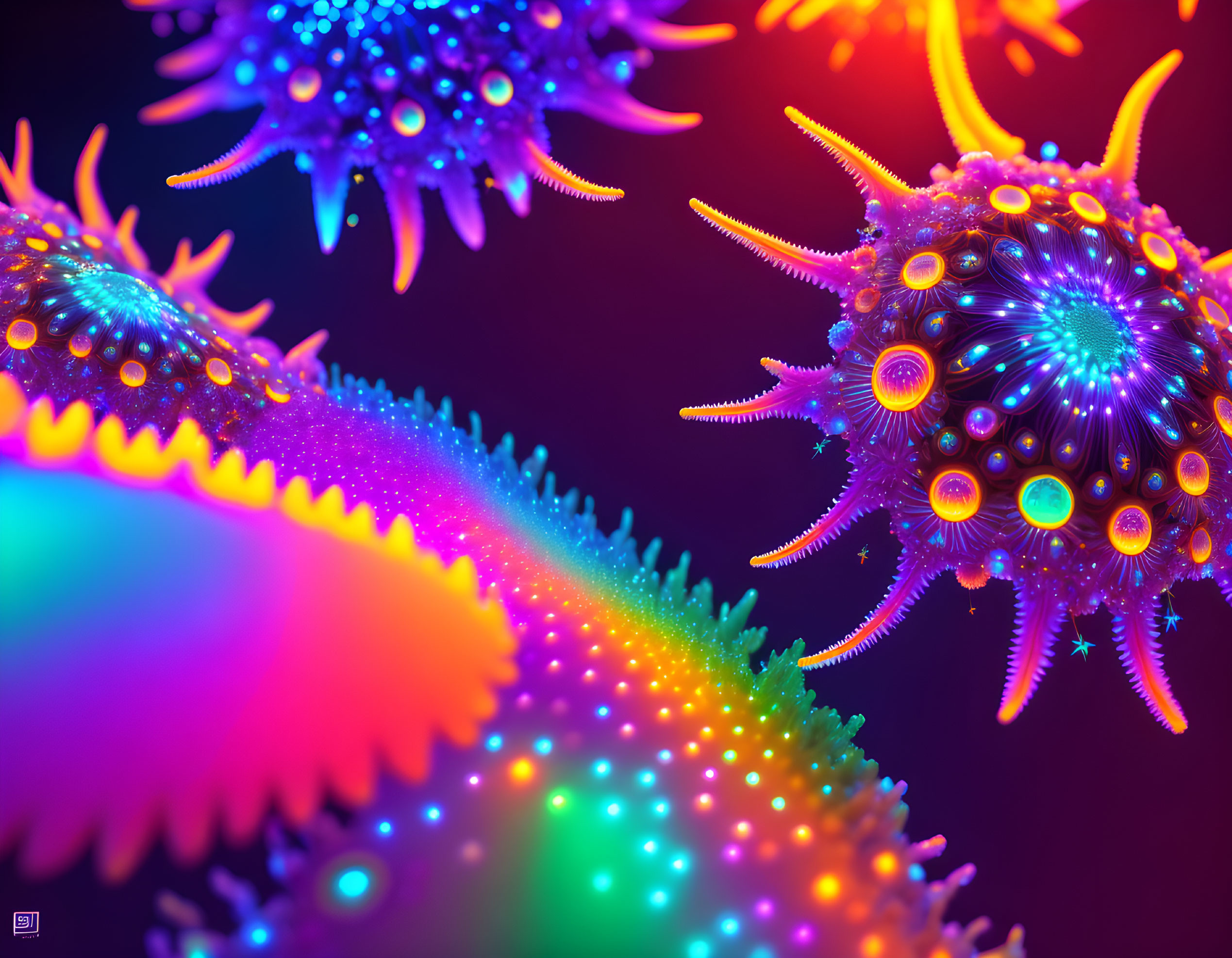 Colorful Neon Spikey Spherical Fantasy Microbes on Dark Background