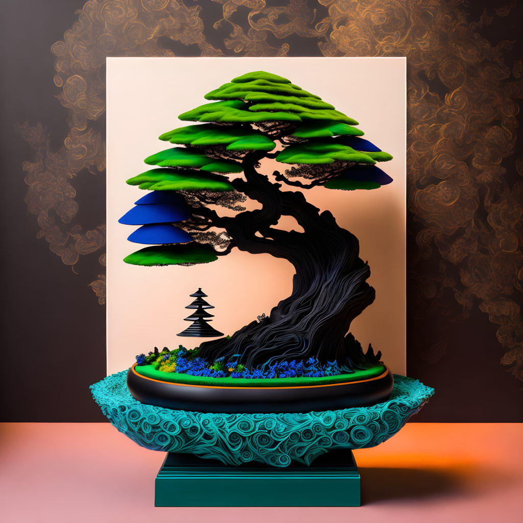 Stylized illustration of oversized bonsai tree in blue pot