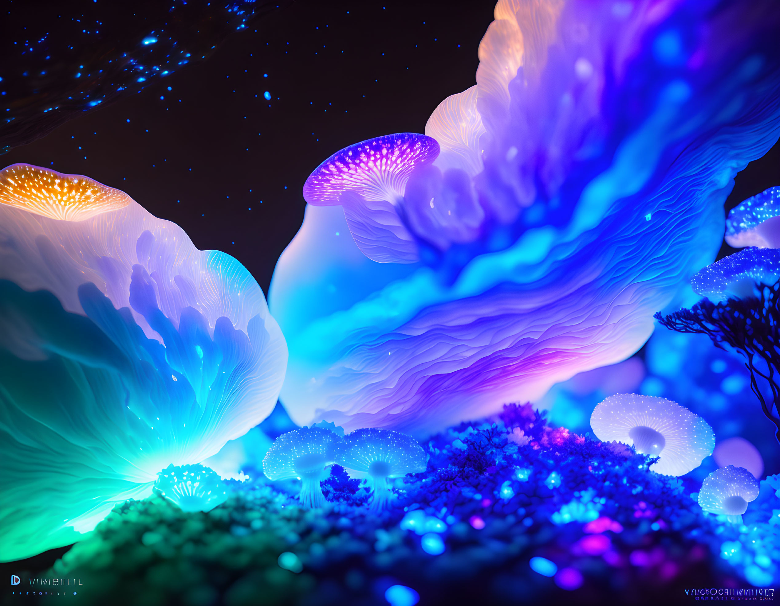 Fantastical neon-lit landscape with bioluminescent elements