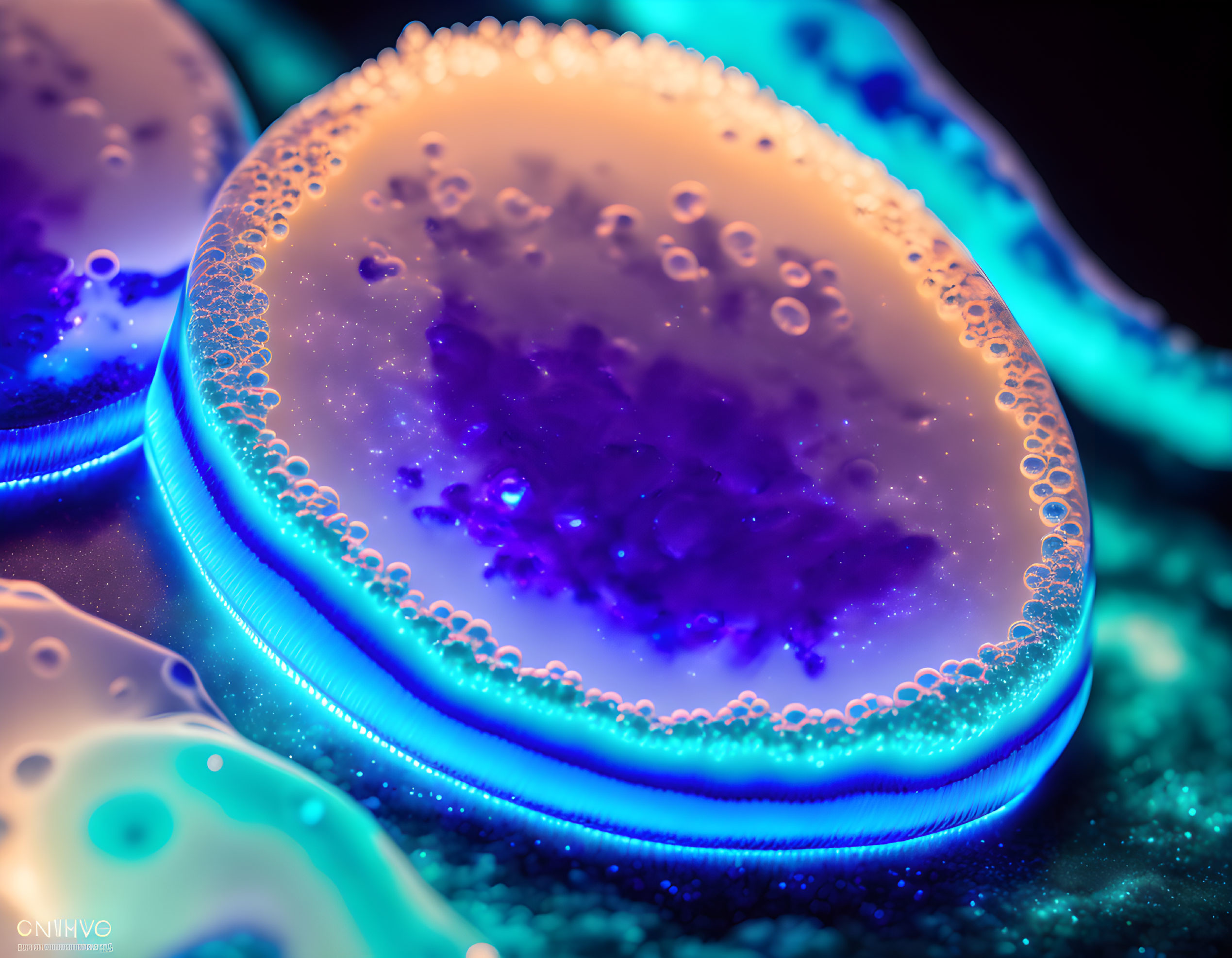 Translucent bioluminescent organism with purple innards and blue light rim surrounded by smaller entities